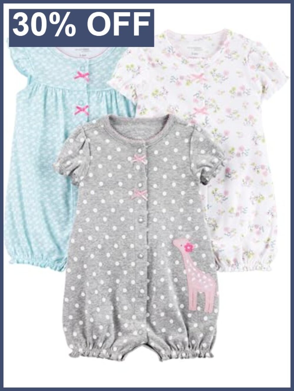 Baby Boys 3 Pack Snap Up Rompers Short Sleeve Snap Closure